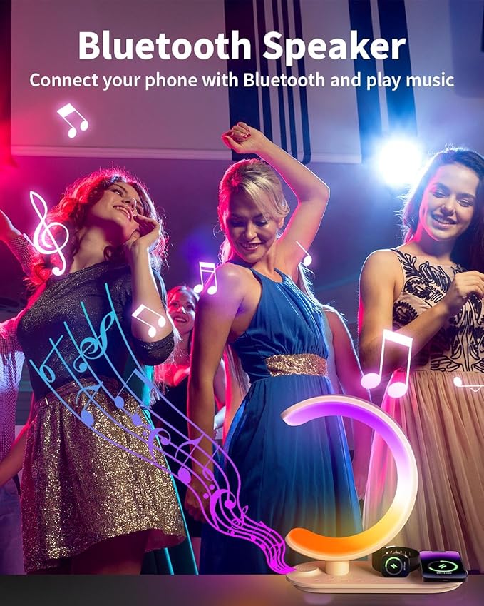 4 in 1 Bluetooth Speaker Night Light with Wireless Charger, Atmosphere Lamp with 24 Soothing Sounds, 16M+ Colors & App Control, Smart Light Sound Machine for Bedroom Home Decor (Golden)