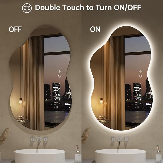 LOVESPEJO Irregular Backlit Mirror Bathroom 40x24 Inch, Asymmetrical Cloud LED Bathroom Mirror with Lights, Fogless, Dimmable, 3 Color Changing, Shatterproof