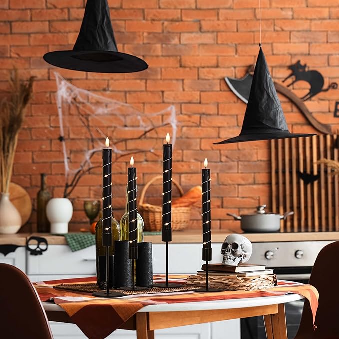 Flameless LED Taper Candles Flickering with Remote & Timer for Halloween Decorations，Battery Operated Candles, Arounded with Starlight String, Party & Home Decoration, Pack of 6,Black