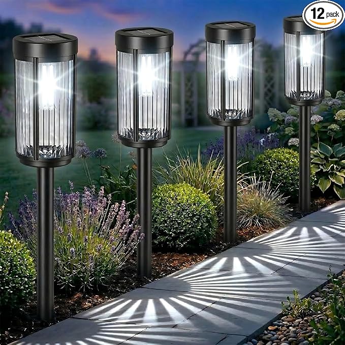 Sparkblaze 12 Pack Solar Garden Lights Outdoor, Decorative Solar Pathway Lights for Yard Auto On/Off Landscape Lighting for Walkway, Lawn, Garden, Waterproof Solar Stake Lights. (12, Cold White)