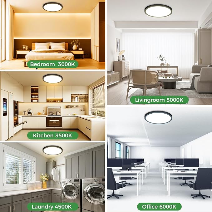 zemty 2Pack 13 inch Black LED Flush Mount Ceiling Lights, Dimmable 5 Color Temp (3000K-6500K), 24W 2400LM Bright Round Light Fixture for Kitchen Bathroom Bedroom Office