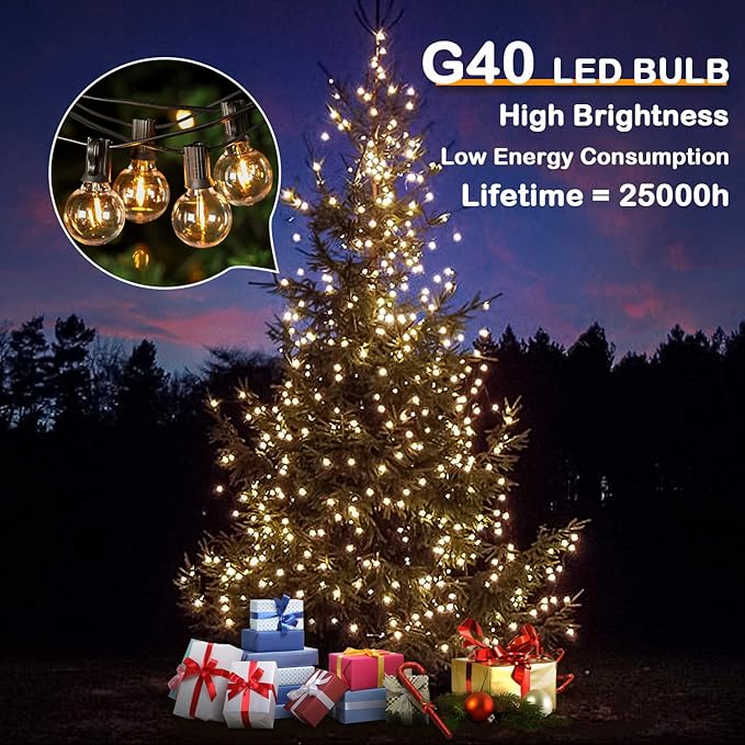 VerRon 50FT LED G40 Globe String Lights, Shatterproof Outdoor Patio String Lights with 50+2 Dimmable Edison Bulbs, 50 Backyard Hanging Bistro Light Waterproof for Balcony Party Wedding Market Cafe