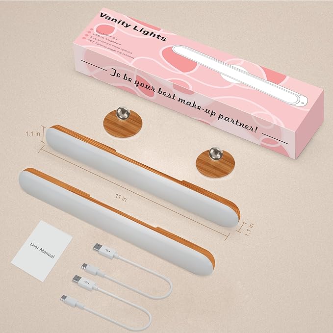 2 Pack Vanity Lights for Mirror with 4000mAh Rechargeable Battery, Touch Control Dimmable Makeup Light with 3 Color Modes, Magnetic 360° Adjustable LED Bathroom Mirror Light, Light Wood