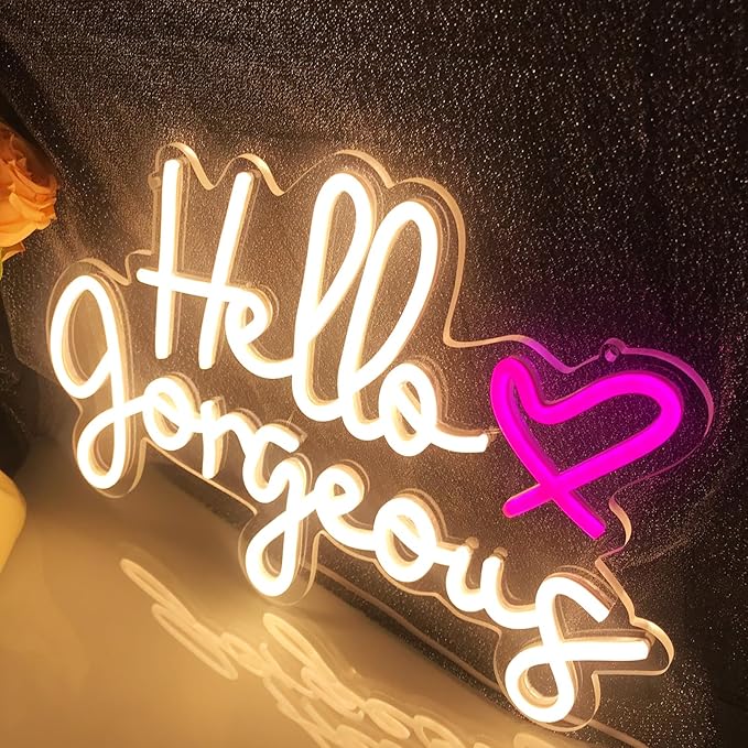Hello Gorgeous Neon Signs for Wall Decor, Hello Gorgeous Neon Light Sign with Dimmable Switch –Led Neon Sign for Girls Bedroom, Makeup Room Decor (warm white) (5V, 16.5"*11")
