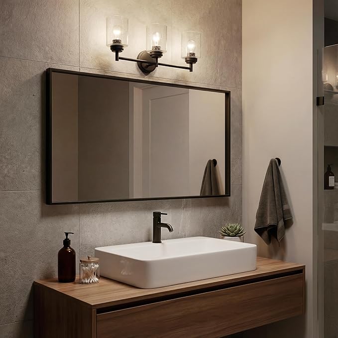 Kichler Winslow 21.5” Vanity Light in Black with Clear Seeded Glass, 3-Light Modern Bathroom Lighting Fixture, 45886BK