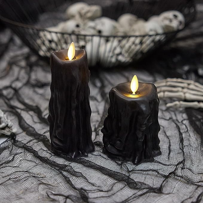 Luminara Heavy Wax Drip Flameless LED Candle, Black 3.4" x 4.5", Timer Function, Real Wax Pillar, Battery Operated Unscented Safe, Long-Lasting
