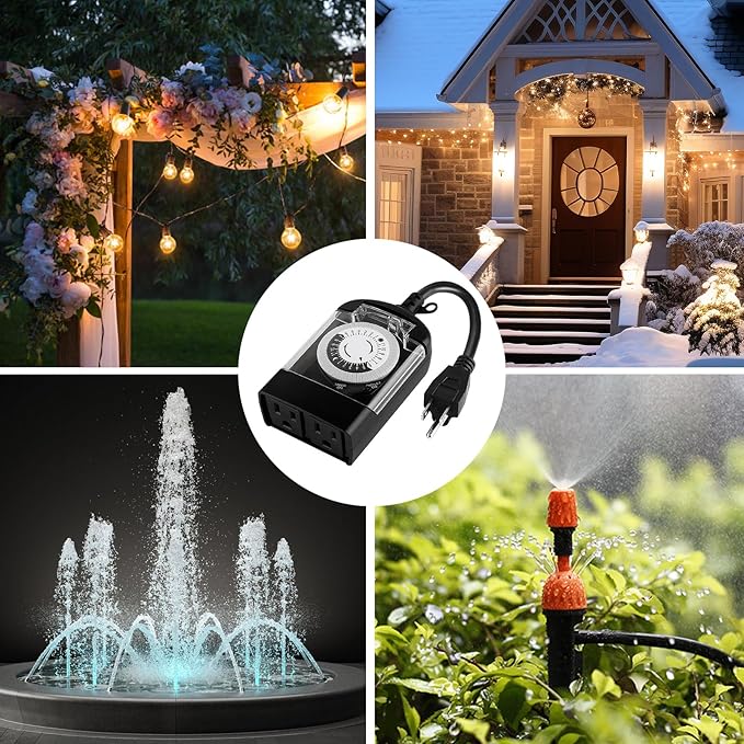Outdoor Timer Outlet Waterproof, 24 Hour Mechanical Timer Outlet for Home and Garden, 2 Grounded, 15A 3/4HP, Black, 2 Pack