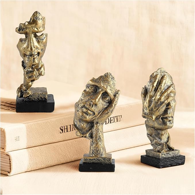 Modern Living Room Decoration - Gold Abstract Sculpture Decor for Shelves, Thinker Statues Set of 3, Resin Face Knick Knacks Home Decor for Office Bookshelf, Table, Gift for Friends