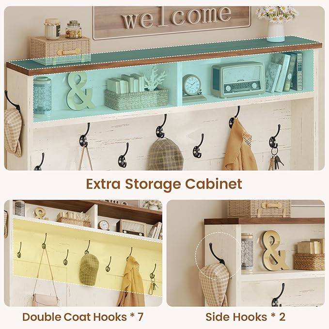 Itaar Hall Tree with Bench and Shoe Storage, 5-in-1 Entryway Bench with Coat Rack, 10 Shoe Cubbies & 9 Coat Hooks, Barn Door & Adjustable Shelf (White)