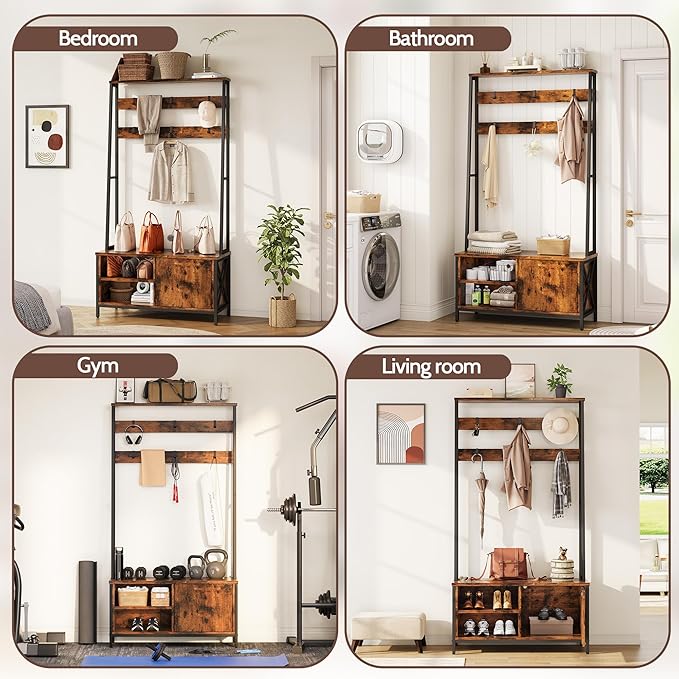 Hall Tree With Bench and Shoe Storage, Coat Rack With Shoe Storage, Wood Look，Coat Rack With Bench，Industrial Style, Large 6 Hooks, 31.5" X 15.8" X 71" Retro Brown Color