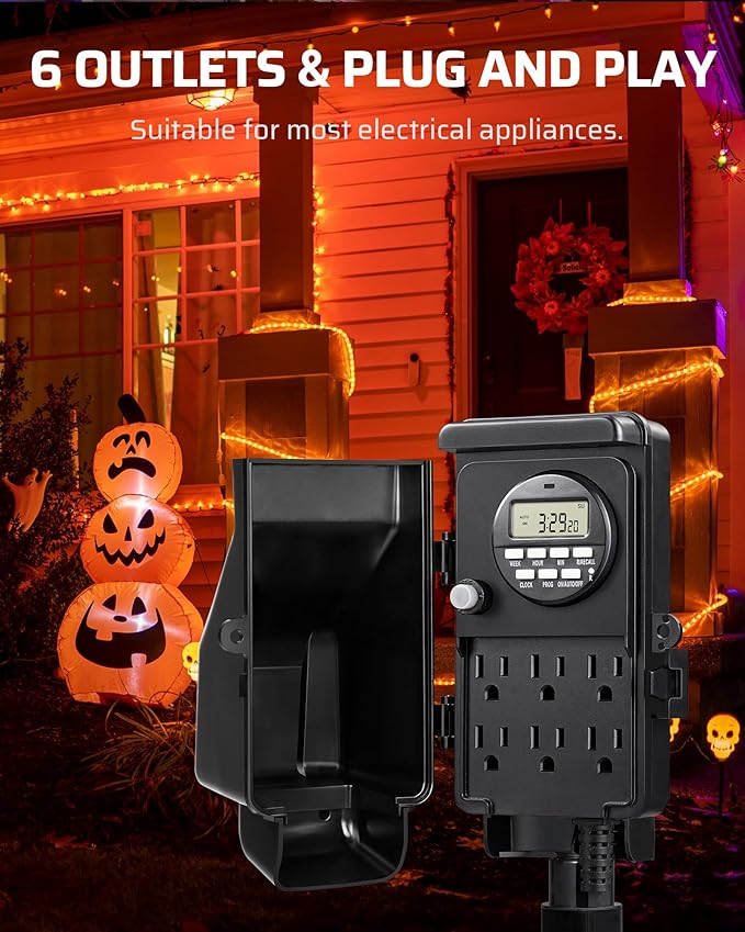 DEWENWILS Outdoor Digital Power Strip Timer, Multi Sockets, Waterproof 6 Outlets Garden Power Stake, 6ft Cord, Outdoor Timer for Lights, Yard, Garden, 15A Heavy Duty