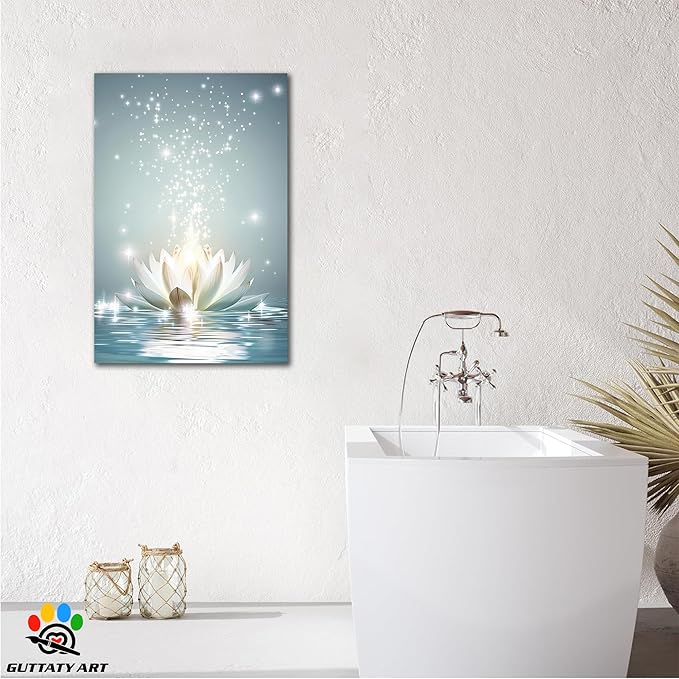 Zen White Lotus Flower Canvas Wall Art, Lotus Flower Pictures Bathroom Zen Print, Spiritual Water Lily Canvas Prints, Lotus Bloom on Water Poster, Zen Calm Relax Artwork for Yoga Spa Room 12x18 inch