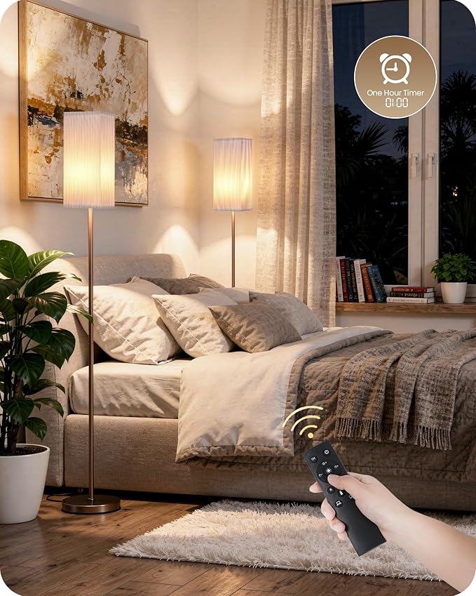 64.2'' Dimmable Floor Lamp for Living Room with Remote and Foot Switch, Corner Floor Lamp for Bedroom, Includes 10W A19 Bulb, Modern Standing Tall Lamp, ETL Listed, Brown and White VCW17LD05