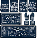 Fourluoo 10 Pcs Farmhouse Kitchen Decor and Accessories Set 4 Kitchen Towels 2 Pot Holders 2 Oven Mitts 2 Rugs for Cooking Baking Mom Housewarming Gifts(Dark Blue,Classic Style)