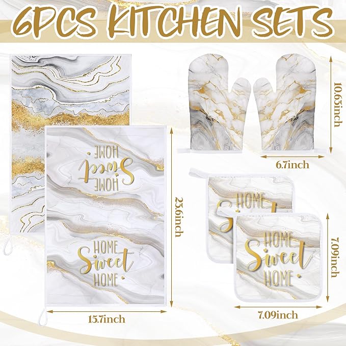 Bencailor 6 Pcs Marble Kitchen Decor Gold Pot Holders Oven Mitts 2 Dish Towels 2 Farmhouse Cooking Mittens Oven Glove and Potholder for Baking Cooking Grilling Supply Accessories(White)