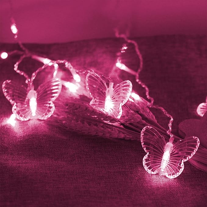 Decorman Butterfly Curtain Lights, 4.9ft 48 LED USB Window Fairy Lights 10 Butterflies 8 Modes Firefly Twinkle String Lights for Room Bedroom Wall Ceiling Party Wedding Christmas (Pink)
