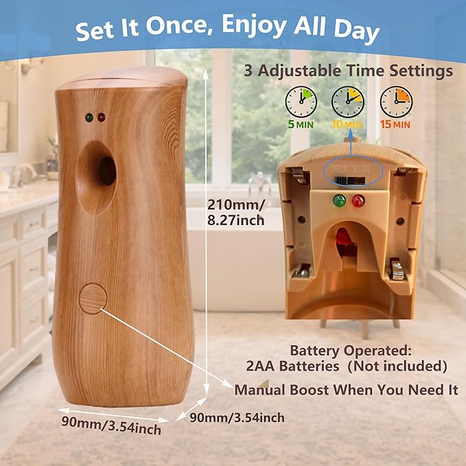 Automatic Air Freshener Spray Dispenser (2-Pack) Wall Mounted or Free Standing, Commercial and Home Use, Multiple Time Scent/Mist Release Settings for Room/Restroom Sprayer (Wood1101)