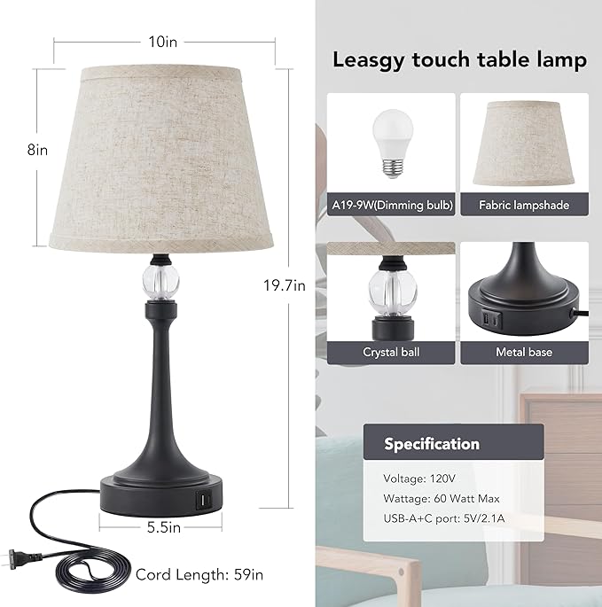 19.7'' Touch Table Lamps for Living Room, Small Lamp for Bedroom with USB C+A Ports, Dimmable Touch Lamps, Reading Desk Lamp for Office, Metal Bedside Lamps, Bulb Included, 1pcs, Black