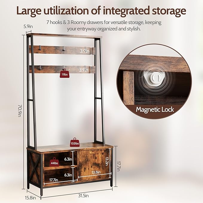 Hall Tree With Bench and Shoe Storage, Coat Rack With Shoe Storage, Wood Look，Coat Rack With Bench，Industrial Style, Large 6 Hooks, 31.5" X 15.8" X 71" Retro Brown Color