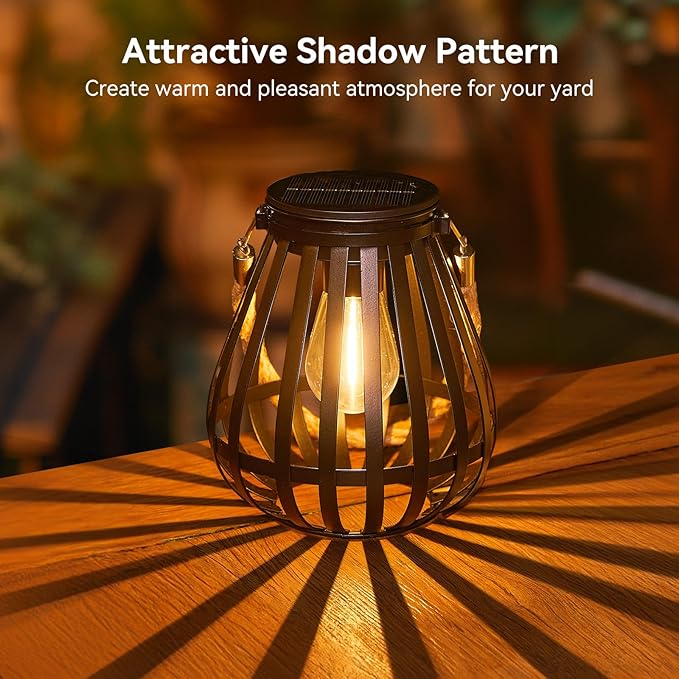 Solar Lanterns Outdoor Waterproof: Metal Hanging Lights for Outside with Rope for Garden, Yard, Patio, Porch, Balcony Decorations, Bright Hanging Solar Lantern Outdoor Decor Gifts for Women