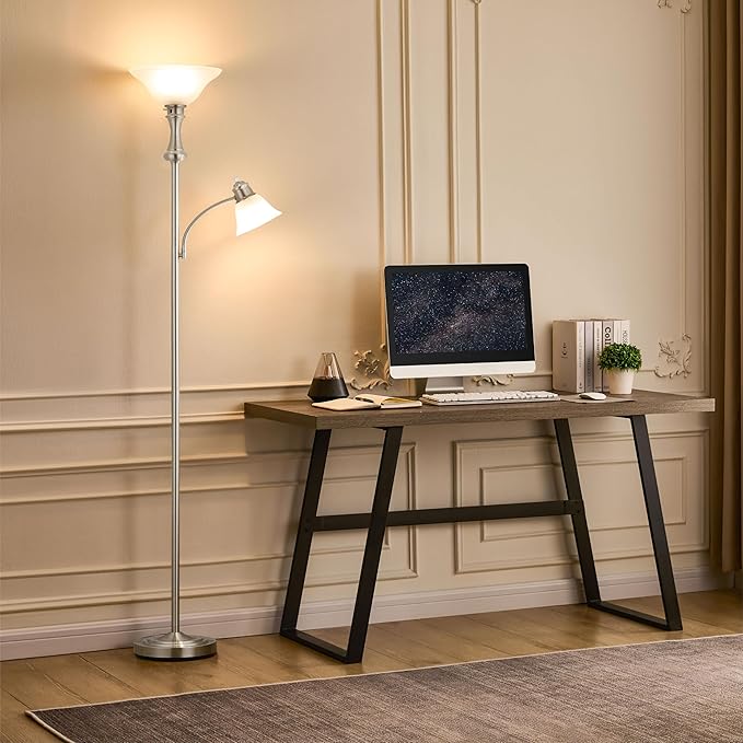 71'' Floor Lamps for Living Room, Tall Floor Lamp for Bedroom with Adjustable Angle Arc Reading lamp, Modern Torchiere Standing lamp with Glass Shade, Knob Switch, Bulb Included, Silver