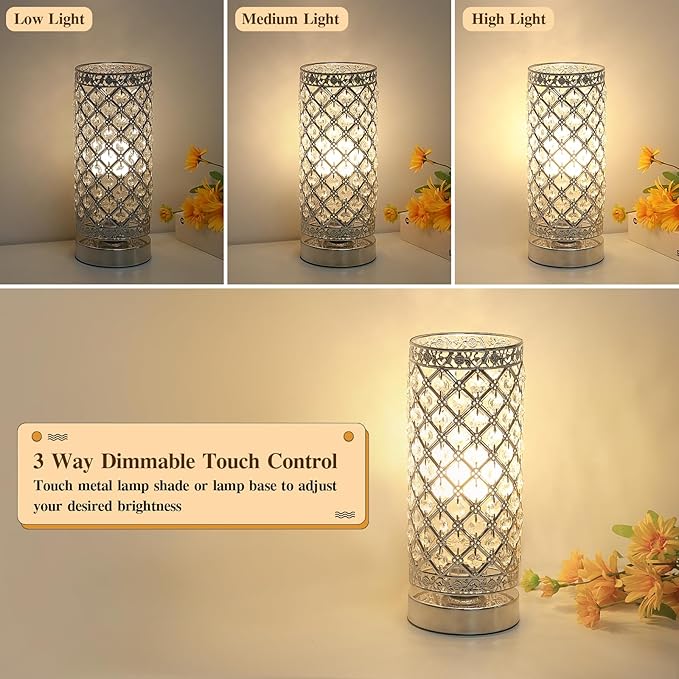 Seaside village Crystal Table Lamp Touch Control Dimmable Accent Desk Lamp Bedside Modern Table Light with Silver Lamp Shade Night Light Fixture for Living Room Bedroom Kitchen