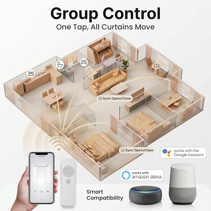 Pre-Assembled Telescopic Smart Curtain Track, No Splicing/Cutting, AC Plug-in WiFi Motor (No Hub Required), Ceiling/Wall Mount, Tuya/Remote Control, Works with Alexa & Google Assistant (91"-158")