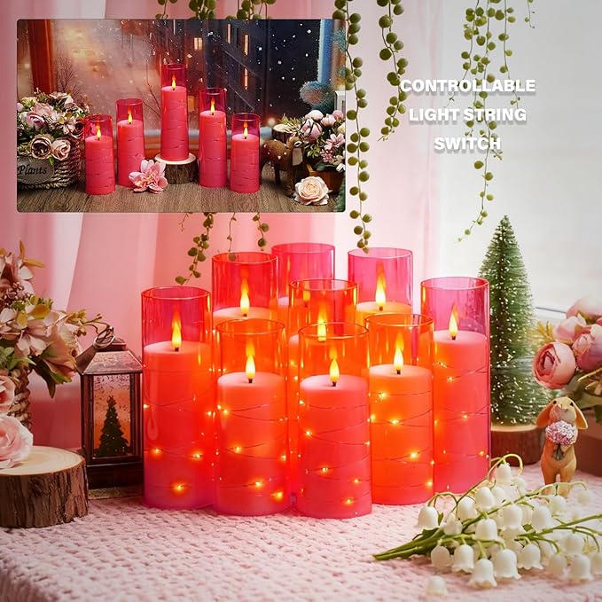 Flameless LED Candles with Timer 9 Pc Flickering Flameless Candles for Romantic Ambiance and Home Decoration Stable Acrylic Shell,with Embedded Star String，Battery Operated Candles(Pink)