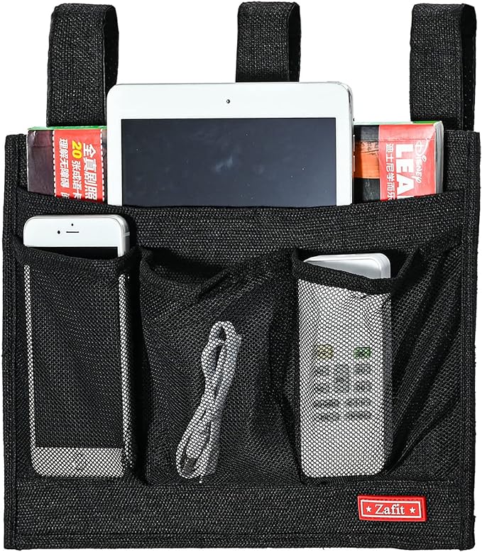 Linen Bedside Caddy, Bedside Storage Organizer for Hospital Beds, College Dorm Rooms or Baby Bed (Classic 4 Pockets Black)