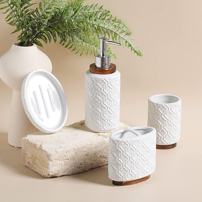 RQYIXI Elegant 4 PCS Ceramic&Wood Bathroom Accessories Set:Soap Dispenser,Toothbrush Holder,Tumbler,Soap Dish,Easy to Clean,Quatrefoil Pattern,White-Affordable Luxury for Home Decor Enthusiasts