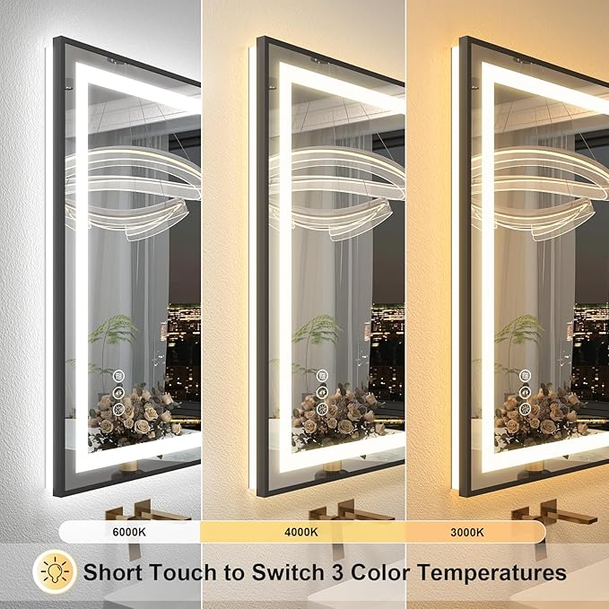 OKPAL 44x32 LED Bathroom Mirror, Lighted Bathroom Mirror with Black Frame, Lighted Vantiy Mirror for Bathroom, Defogger, Dimmable, Shatterproof, Memory, ETL Listed (Front Light and Backlit)