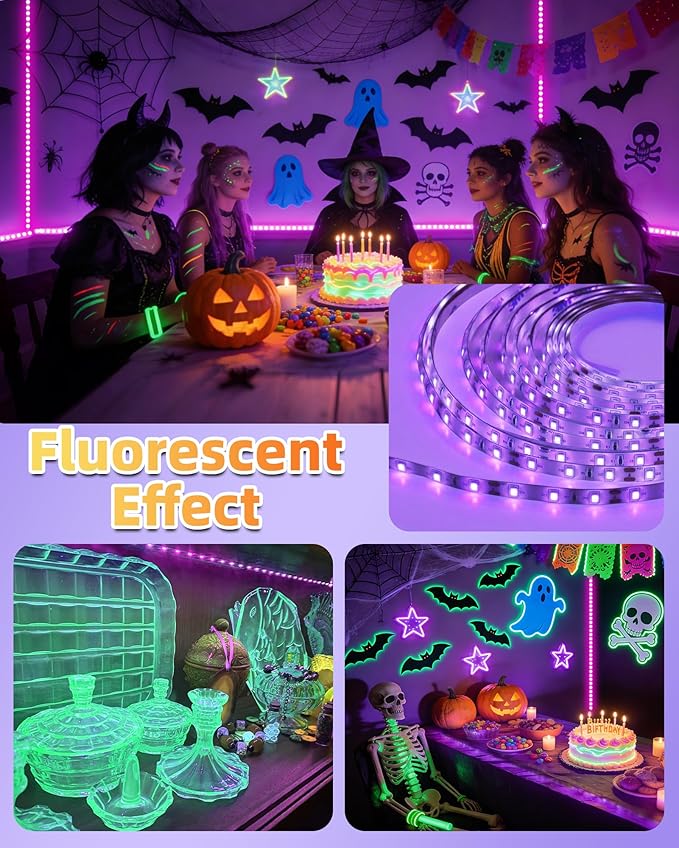 IP65 Waterproof LED Black Light Strip Kit 40ft/12M 720 LEDs, 12V Flexible Blacklight Fixtures, 385-400nm, Black Light LED Strips for Glow Party Body Paint Outdoor Indoor Decor Birthday Party Halloween