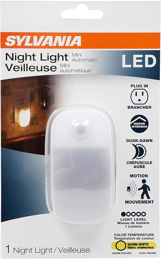 LEDVANCE Sylvania LED Mini Automatic Plug-in Night Light with Sensor, Motion Activated, Dusk to Dawn, Warm White, Plug-in Type - 2 Pack (64988)