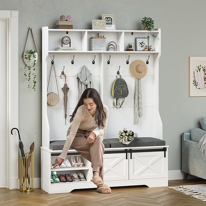 Hall Tree with Bench and Shoe Storage, Entryway Bench with Coat Rack, Modern Farm House Barn Door 3-in-1 Hall Tree with Storage Cushioned Stool and Hooks for Hallway, Living Room (60IN)