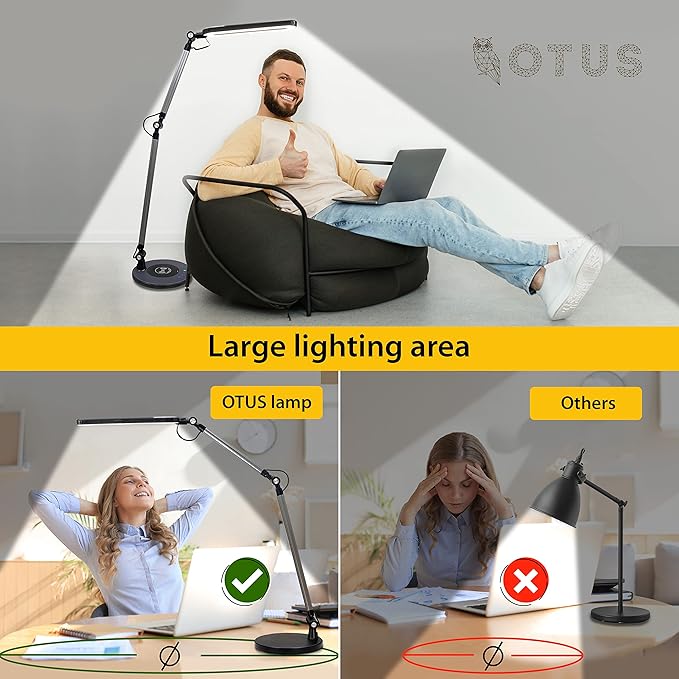 OTUS LED Architect Desk Lamp for Home Office with Wireless Charger, Adjustable Swing Arm, 32 in Tall, 11.8 in Panel, 3 Color Modes, 12 Dimmable Levels, Eye-Caring for Reading, Study, Video Calls