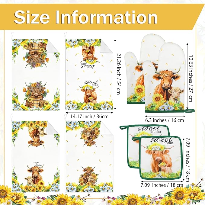 8 PCS Highland Cow Kitchen Decor and Accessories - 4 Dish Towels Set 2 Oven Mitts and Pot Holders Sets for Cooking Baking Home Sweet Home Sunflower Cattle Watercolor Farmhome Housewarming Gift