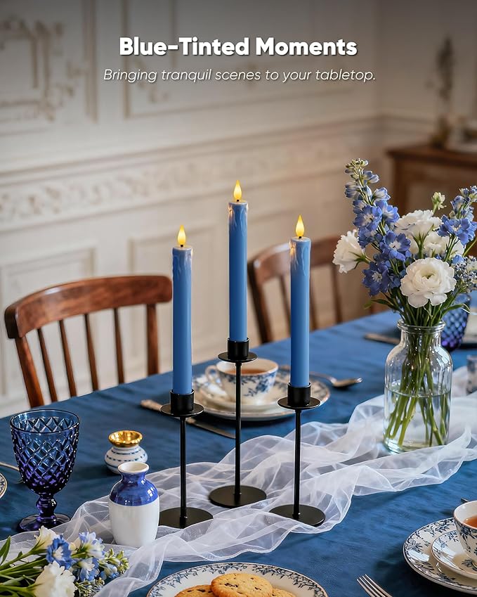 Homemory 6 Pcs Real Wax Blue Flameless Taper Candles with Remote Timer, 9.6 Inches LED Fake Candlesticks, LED Candle with 3D Flickering Flame for Romantic Wedding, Dinner, Xmas Anniversary Decor