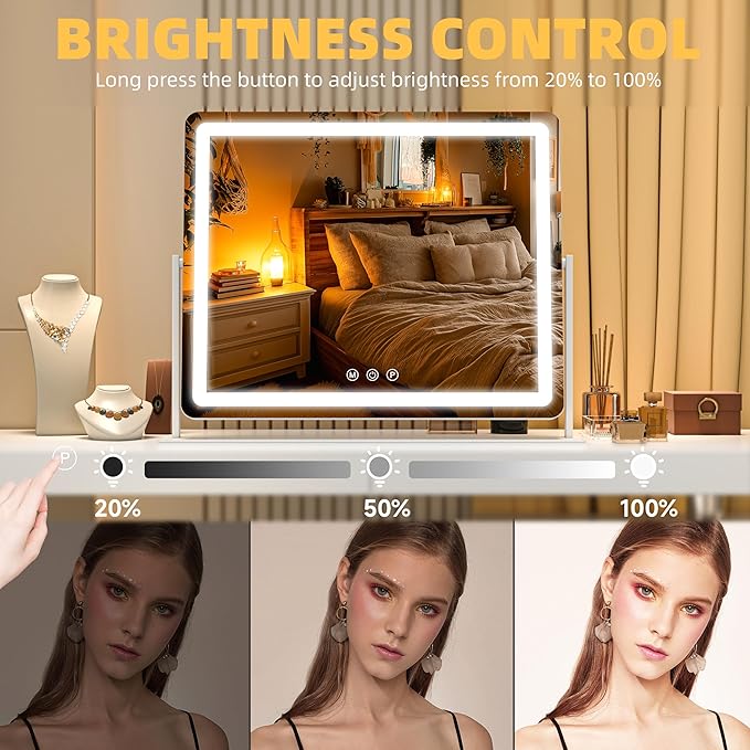 Large Vanity Mirror with Lights 29.5'' x 22'' - Touch Screen Hollywood Makeup Mirror, 3 Color Modes + Dimmable LED Lighting, Premium Aluminum Frame for Dressing Table & Bathroom