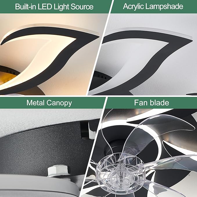 Modern Ceiling Fan with Light and Remote, Low Profile Ceiling Fans with Lights, 32 Inch Black Flush Mount Ceiling Fan with 3 Light Color 6 Speeds, Fandelier Ceiling Fans for Kitchen Bedroom