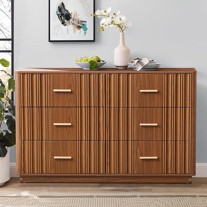 Fluted Double Dresser for Bedroom with 6 Drawers, 47" Wide Modern Chest of Drawers, Curved Profile Wood Storage Dressers TV Stand,Wooden Closet Clothes Storage Organizer for Living Room Hallway,Walnut
