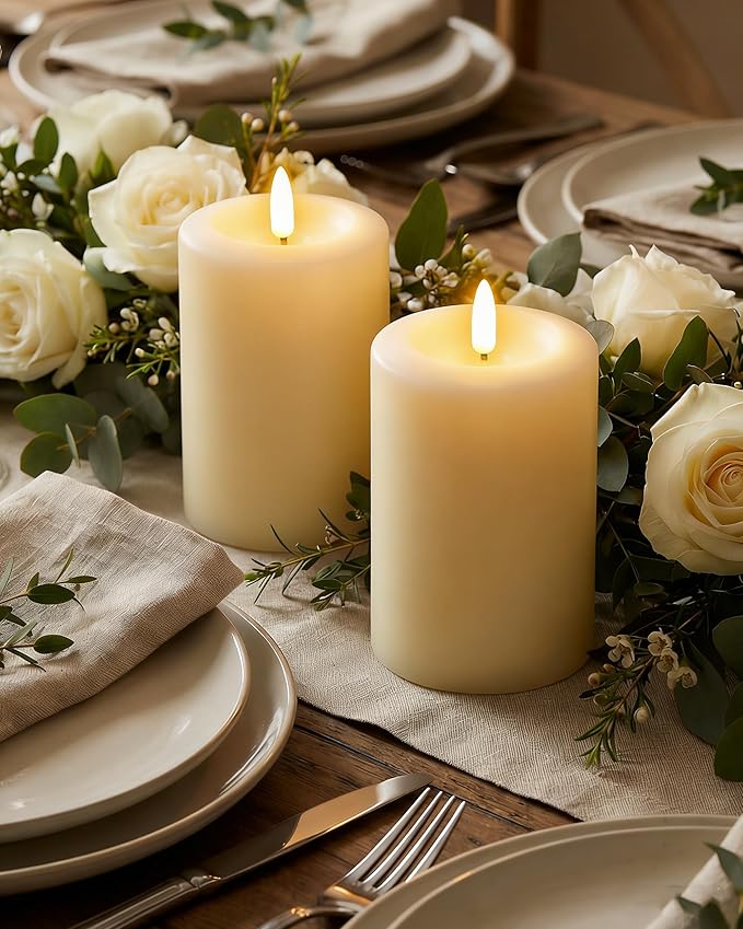 3"x4" Flickering Flameless Candles with Remote Timer, Real Wax, Ivory Pillar Candles, Set of 3 Fake LED Battery Operated Candles for Home, Fireplace, Centerpiece, Rustic and Farmhouse Decor