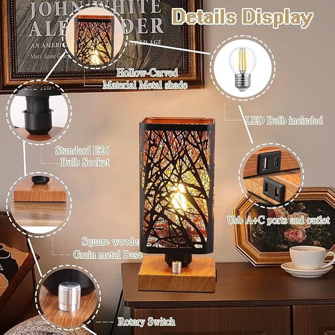 Industrial Table Lamp Sets of 2 with USB Ports and Outlet, Rustic Dimmable Bedside lamp with Charging Station, Metal Square Shadow Nightstand Lamp for Bedroom Living Room End Tables
