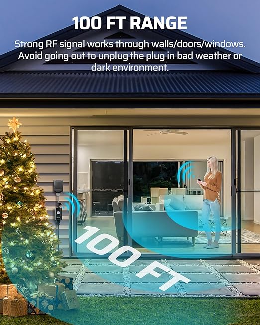 DEWENWILS Outdoor Remote Control Outlet, 15A Wireless Remote Control Switch, 100FT Control Range&14AWG SJTW Power Cord, for Lights Outdoor Appliances, 2 Remote Controls+1 Outlet