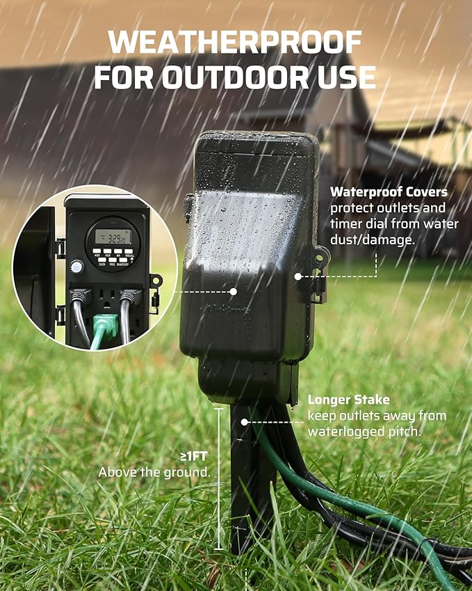 DEWENWILS Outdoor Digital Power Strip Timer, Multi Sockets, Waterproof 6 Outlets Garden Power Stake, 6ft Cord, Outdoor Timer for Lights, Yard, Garden, 15A Heavy Duty