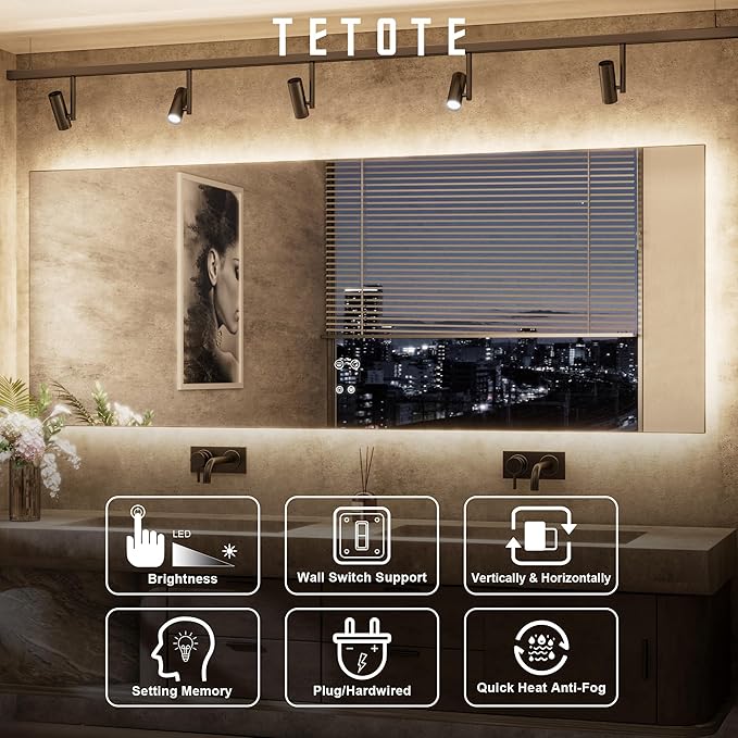 TETOTE 24 x 36 Inch LED Backlit Bathroom Mirror with Lights, 3Color White/Warm/Natural, Anti-Fog Lighted Mirror,Dimmable,Vanity Mirror,Wall Mounted