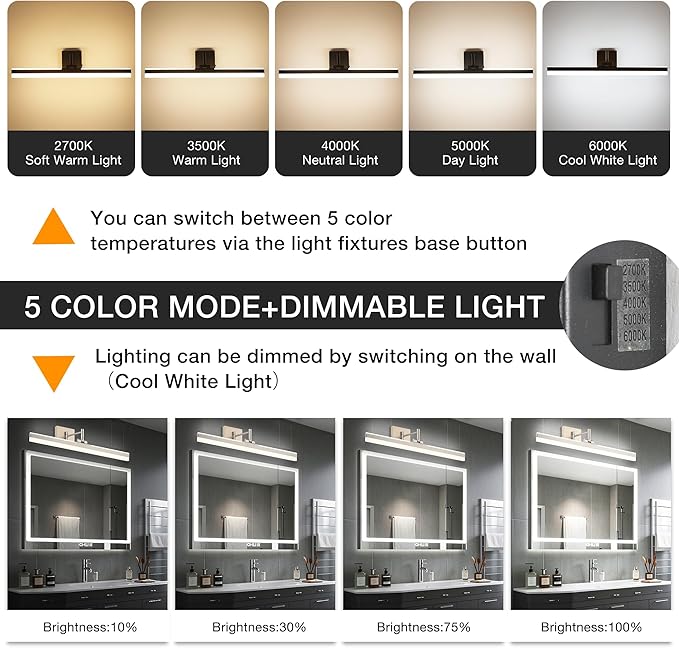 Modern LED Vanity Light Fixture,Brushed Nickel 23.6‘’ 5CCT DimmableAdjustable & Rotatable Bathroom Light Fixture Above Mirror, Wall Sconce