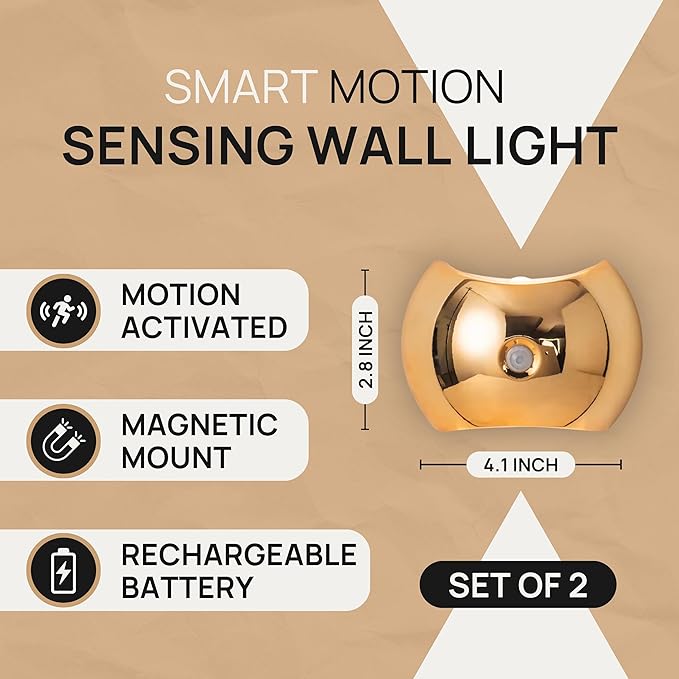 Battery Operated Wall Sconces Set of Two, Rechargeable Wireless LED Wall Lights — Motion Sensor, No Drill Magnetic Mount, 3 Modes, for Bedroom Hallway Stairs, Gold