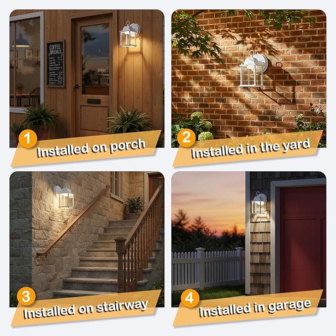 LIT-PaTH Small Outdoor LED Wall Lantern with Dusk to Dawn Photocell, 3000K Warm White, 9.5W, 800 Lumen, Aluminum Housing Plus Glass, Outdoor Rated, 1-Pack, White
