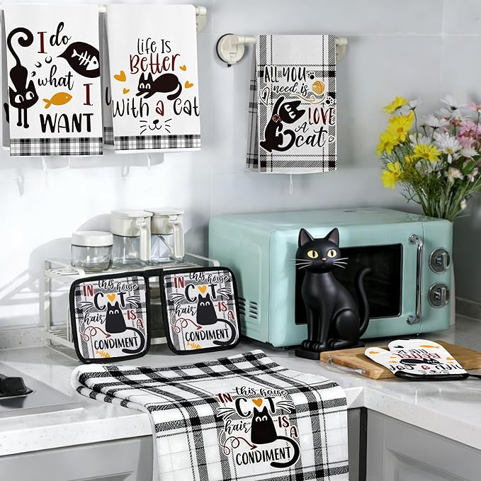 8 PCS Black Cat Decor Kitchen Decor and Accessories - 4 Dish Towels Set 2 Oven Mitts and Pot Holders Sets for Cat Lover Cooking Baking Cute Kitty Kitten Plaid Lightweight Housewarming Gifts
