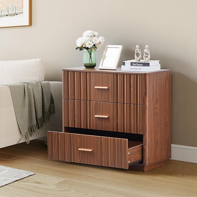 Fluted Dresser for Bedroom with 3 Drawers, 31.5" Wide Modern Chest of Drawers with Metal Handle, Large Storage Dresser, Wood Closet Clothes Storage Organizer for Nursery Living Room, Hallway, Walnut